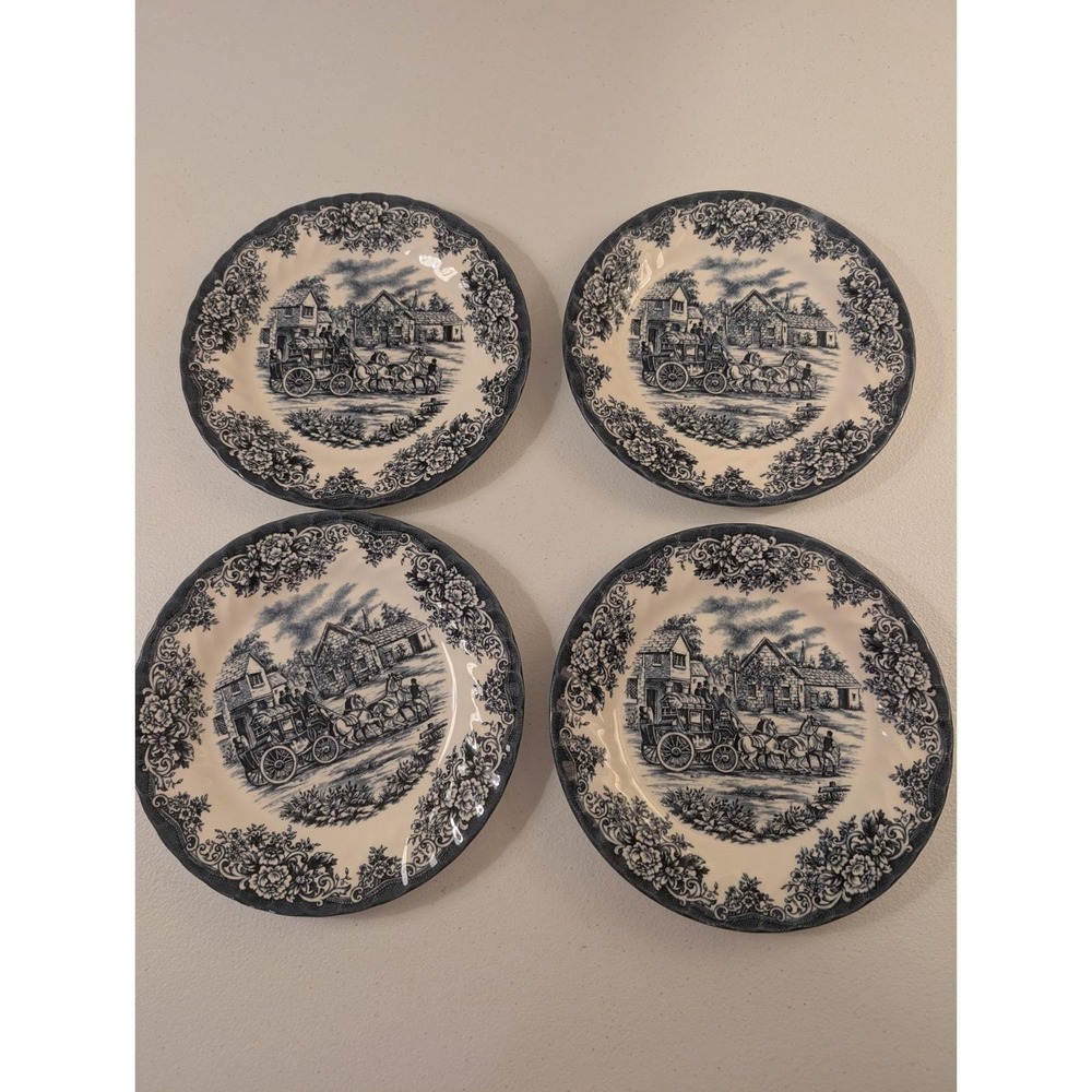 Royal Stafford Coaching Scene Blue White 8" Salad Plates England Set of 4